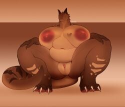 akefesauce anthro belly big_belly big_breasts breasts brown_body brown_scales claws crouching dinosaur female genitals hi_res huge_breasts huge_thighs hyper hyper_breasts nipples non-mammal_breasts non-mammal_nipples nude nude_female prehistoric_species reptile saurischian scales scalie solo spikes theropod thick_thighs toe_claws tyrannosaurid tyrannosauroid tyrannosaurus tyrannosaurus_rex vulva