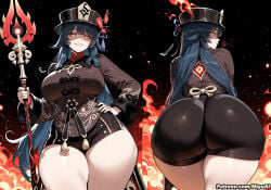 1girl ai_assisted ai_generated ass black_hair breasts curvaceous curvy curvy_female curvy_figure female fire grin hand_on_hip hat huge_ass large_breasts long_hair long_sleeves looking_at_viewer looking_back miyuai multiple_views parted_lips pokemon red_eyes sabrina_(pokemon) shiny shiny_skin smile staff thick thick_ass thick_butt thick_hips thick_legs thick_thighs thighs voluptuous voluptuous_female wide_hips wide_thighs