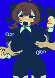 1girls 1other angry antani_ittenno-chan antani_ittenno_(utau) black_dress blue_background blue_eyes blush breast_grab breast_grab_from_behind brown_hair collared_dress cute_fang demon_horns dress fukami_asase hammer holding_hammer horns motion_lines mv_character open_mouth puffy_long_sleeves short_hair simple_background sweat tomboy trembling tsundere utau