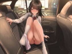 1girl accidental_exposure ankle_socks black_hair black_pubic_hair blush bow car_interior car_seat cleft_of_venus commentary_request female_pubic_hair hair_bow indoors knees_up leaning_back long_sleeves multiple_hair_bows nose_blush original panties panties_around_one_ankle panties_around_one_leg panty_pull parted_bangs parted_lips pubic_hair pussy seatbelt shirt sitting skirt socks solo tachiinu underwear underwear_locked yellow_eyes