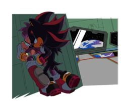 against_wall amy_rose anthro black_nose boots clothing coolblue cum duo exposed_torso female footwear gloves green_eyes handwear hedgehog hi_res male mammal open_mouth orgasm pink_hair planet red_eyes sex shadow_the_hedgehog short_hair sonic_(series) space straight tears video_games