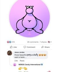 bodily_fluids facebook female food food_creature genital_fluids hi_res humor nerd_(species) nerds nude obese obese_female overweight overweight_female purple_body screencap screencap_edit shay_the_bunny slightly_chubby solo standing third-party_edit