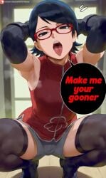 1girls ai ai_art ai_assisted ai_generated armpits arms_up black_eyes black_hair boruto:_naruto_next_generations emotionless english english_text glasses looking_at_viewer naruto_(series) open_mouth sarada_uchiha shao145 shorts small_breasts solo solo_female spread_legs squatting stockings talking_to_viewer teenage_girl teenager teeth text throat tongue tongue_out