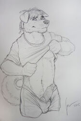 2015 animal_genitalia animal_penis anthro bottomwear bulge canid canine canine_genitalia canine_penis clothed clothing clothing_lift dated dreadlocks erection front_view genitals glistening glistening_eyes hi_res hufnaar knot looking_at_viewer male male_anthro mammal monochrome mouth_closed navel pants penis penis_poking_out presenting presenting_penis shirt shirt_lift signature slim_anthro slim_male solo topwear traditional_media_(artwork)