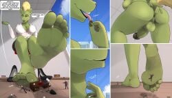 5_fingers 5_toes absurd_res anal anal_fingering anthro anus backsack balls barefoot black_clothing blonde_hair bodily_fluids bottomwear breasts butt city claws clothed clothing comic cum dialogue digital_media_(artwork) ejaculation english_text equid equine erection extreme_size_difference feet female fingering fingering_self fingers foot_fetish foot_focus foot_lick foot_play footwear furniture genital_fluids genitals green_balls green_body green_genitals green_penis group gynomorph hair hi_res high_heels horse human humanoid_feet humanoid_genitalia humanoid_penis intersex intersex/male larger_anthro larger_intersex licking macro male mammal masturbation micro nails noctibus nude office penis plantigrade pony shoes size_difference skirt smaller_male soles speech_bubble stuck_to_foot table text toenails toes tongue tongue_out underfoot vore widescreen yellow_eyes