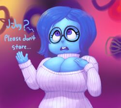 big_breasts blue_hair blue_skin breasts cleavage clothed clothes disney female glasses huge_breasts inside_out keyhole_sweater keyhole_turtleneck large_breasts outta_sync pixar sadness_(inside_out) solo sweater