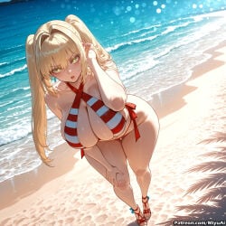 1girl ahoge ai_assisted ai_generated bangs bare_shoulders beach bent_over bikini blonde_hair blush breasts cleavage collarbone criss-cross_halter curvaceous curvy curvy_female curvy_figure day earrings eyebrows_visible_through_hair fate/grand_order fate_(series) female green_eyes hair_between_eyes hair_intakes halterneck huge_breasts jewelry large_breasts leaning_forward legs long_hair looking_at_viewer miyuai nero_claudius_(fate) nero_claudius_(fate)_(all) nero_claudius_(swimsuit_caster) nero_claudius_(swimsuit_caster)_(fate) ocean open_mouth outdoors red_bikini sand sandals shore side-tie_bikini solo striped striped_bikini swimsuit thick thick_ass thick_butt thick_hips thick_legs thick_thighs thighs twintails voluptuous voluptuous_female water wide_hips wide_thighs