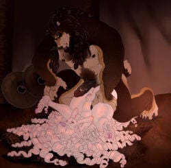 4_toes 5_fingers anthro anthro_on_anthro black_nose breasts brown_body brown_fur brown_hair butt canid canine canis claws curly_hair duo equid equine erection fangs feet female fenris_svartulf finger_claws fingers fur genitals hair hi_res hindpaw hooves horn humanoid_genitalia humanoid_hands humanoid_penis imminent_sex interspecies larger_male male male/female mammal miorjah_(pandsky) multicolored_body multicolored_fur muscular muscular_anthro muscular_male mythological_creature mythological_equine mythology nipples nude nude_anthro nude_female nude_male pandskyy paws penis shield size_difference smaller_female tan_body tan_fur teeth toe_claws toes two_tone_body two_tone_fur unguligrade unicorn unicorn_horn vulva white_body white_fur white_hair wolf