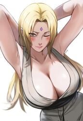 1girl big_breasts blonde_hair breast_grab breasts breasts_out facial_mark female forehead_mark grey_kimono highres huge_breasts japanese_clothes kimono mature_female naruto naruto_(series) naruto_shippuden solo tsunade tsunade_(naruto)