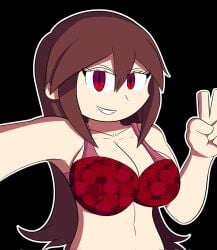 1girls 2020s 2026 alternate_version_at_source alternate_version_available big_breasts bra breasts brown_hair dj_met eyelashes female female_only funamusea grin light-skinned_female light_skin lingerie_bra long_hair looking_at_viewer obsolete_dream peace_sign red_eyes red_lingerie solo tagme white_outline