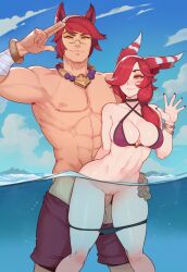 1boy 1girl1boy 1girls abs ai_generated animal_ears bikini brinkai cheating cheating_wife cuckold gold_eyes hand_on_another's_hip large_breasts league_of_legends leaning_forward looking_at_viewer muscular netorare ntr red_hair salute self_upload sett sex_from_behind sex_underwater standing standing_sex stealth_sex straight swimsuit swimwear underwater vaginal_penetration water waving xayah