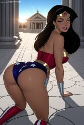 1girl ai_generated ass bare_shoulders black_hair blue_eyes breasts dark_skin dc_animated_universe dc_comics dcau diana_prince earrings hi_res high_quality high_resolution jewelry justice_league large_breasts leotard lips lipstick long_hair looking_at_viewer looking_back makeup patreon seductive sexy smile solo spicytoonai star_(symbol) star_print uncensored watermark wonder_woman wonder_woman_(series)