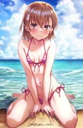 1girl asymmetrical_bangs beach bikini blue_sky blush breasts brown_eyes brown_hair cleavage closed_mouth commentary_request crossed_bangs hair_between_eyes hair_ornament hairpin isshi_pyuma legs looking_at_viewer medium_hair misaka_mikoto navel ocean outdoors pink_bikini side-tie_bikini_bottom signature sitting sky small_breasts smile solo stomach swimsuit thighs toaru_kagaku_no_railgun toaru_majutsu_no_index wariza