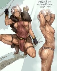 1boy armpit_hair armpits breasts bulge buriburiri2 busty busty_male butt dark-skinned_femboy dark-skinned_male dark_skin elf elf_ears femboy japanese_text male male_breasts male_only male_wife male_with_breasts malewife moobs musk musk_clouds nipples solo solo_male standing sweat sweatdrop sweating sweaty sweaty_body tan_body tan_skin translation_request wet wet_body