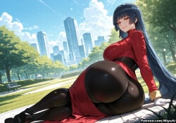 1girl ai_assisted ai_generated artist_name ass bangs black_hair blunt_bangs blush breasts building city cloud curvaceous curvy curvy_female curvy_figure day female gloves grin gym_leader high_heels large_breasts long_hair looking_at_viewer looking_back miyuai on_side outdoors pantyhose pokemon red_eyes sabrina_(pokemon) sky smile solo thick thick_ass thick_butt thick_hips thick_legs thick_thighs tree voluptuous voluptuous_female white_gloves wide_hips wide_thighs