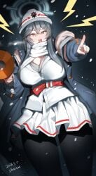 1girls alternate_breast_size armband black_hair black_pantyhose blue_archive blush fur_trim green_eyes halo hard_hat helmet jacket labor_party_(blue_archive) large_breasts long_hair megaphone minori_(blue_archive) pantyhose scarf shangdi_de_fa_zhang snow solo solo_female white_helmet yelling
