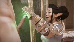 1boy 1girls 3d asian asian_female bellara_lutare black_hair bluelight dragon_age dragon_age_the_veilguard elf elf_ears elf_female elf_girl erect_penis erection female female_focus magic magic_user male male/female penis pointy_ears spell