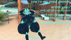 beach bikini deltarune encouragement good_boy goon_caption hands_behind_head huge_ass huge_breasts looking_at_viewer pervmommy tasque_manager_(cryptiacurves) tasque_manager_(deltarune) text thick_thighs tongue_out torch vrchat