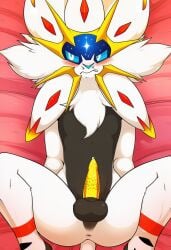 1boy ai_generated animal_genitalia animal_penis anthro anus balls bed bent_legs blush bodily_fluids embarrassed felid feline_genitalia feline_penis femboy fur furniture furry generation_7_pokemon genital_fluids genitals gold_penis growling hi_res high-angle_view holding_both_legs holding_leg holding_legs_up holding_own_legs leaking_precum legendary_pokemon legs_up lion looking_away lying male mammal mane nintendo on_back on_bed pantherine penile_spines penis pinup pokemon pokemon_(species) pose precum slopmaster22 solgaleo solo solo_male spread_legs spreading star white_body white_fur