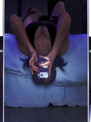 1boy 1boy1girl 1girl 3d 3d_(artwork) blade_(eric_brooks) blender bottomless breasts cellphone cleavage cornrows cunnilingus dark-skinned_male dark_skin interracial interracial_couple interracial_sex large_breasts laying_down laying_on_bed marvel marvel_rivals nv3d psylocke psylocke_(sai)_(fleeting_butterfly) purple_hair selfie sports_bra