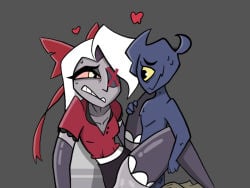 1boy1girl biting_lip clothed_female clothed_female_nude_male eye_contact female hazbin_hotel height_difference leg_over_shoulder lesbian_with_male naked_male nude original_character sex sweating vaggie_(hazbin_hotel) vaginal_penetration vivienne_medrano