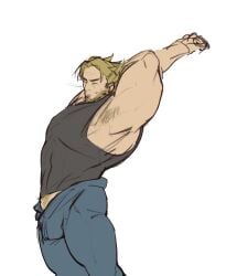 armpit armpit_hair armpits arms_up balls bara beard bulge curly_(mouthwashing) eyes_closed facial_hair flaccid male male_only mouthwashing muscles muscular nongnakk penis solo solo_male stretching