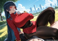 1boy 1girl ai_assisted ai_generated bangs black_hair blunt_bangs breasts bulge curvaceous curvy curvy_female curvy_figure day erection erection_under_clothes female finger_to_mouth girl_on_top gloves gym_leader hime_cut huge_breasts leotard long_hair looking_at_viewer miyuai outdoors pantyhose pokemon red_eyes sabrina_(pokemon) shushing sky smile thick thick_ass thick_butt thick_hips thick_legs thick_thighs thighs tree voluptuous voluptuous_female white_gloves wide_hips wide_thighs