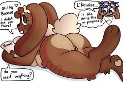 anthro bassie_(dandy's_world) big_breasts big_butt blushcrunch_studio breasts butt cocoa_(dandy's_world) dandy's_world duo duo_focus duo_in_panel female genitals group hi_res just_squidding lagomorph leporid looking_at_viewer looking_down mammal pinup pose rabbit roblox speech_bubble text thick_thighs vulva