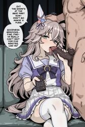 ai_generated crossed_legs dark_penis green_eyes grey_hair headpat holding_remote licking_penis long_hair on_sofa penis penis_grab puffy_short_sleeves saliva single_ear_cover sitting sofa streaked_hair tongue_out tracen_school_uniform umamusume umamusume_pretty_derby white_skirt white_thighhighs wonder_acute_(umamusume)
