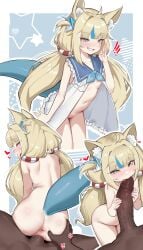 1boy 1girls 2d 2d_(artwork) animal_ear_fluff animal_ears anus belly_button blonde_hair blowjob breasts cat_ears color dark-skinned_male dark_skin fellatio fish_tail heart illustration indie_virtual_youtuber light-skinned_female light_skin nottoauru_(ohwl) penetration penis pov pussy sameko_saba sex small_breasts tail vaginal_penetration virtual_youtuber