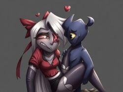 ai_assisted biting_lip clothed_female_nude_male eye_contact hazbin_hotel height_difference leg_over_shoulder lesbian_with_male naked_male original_character sex sweating vaggie_(hazbin_hotel) vaginal_penetration vivienne_medrano