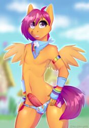 anthro equine erection feathered_wings feathers friendship_is_magic girly hair_on_head hi_res humanoid_penis male mammal my_little_pony orange_feathers pegasus penis rule_63 scootaloo_(mlp) scootaroll_(mlp) solo uncut wings zazush-una