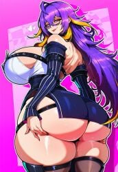 1girl 2026 ahoge ai_generated ass ass_grab ass_support bare_shoulders black_thighhighs blonde_hair breasts curvy detached_sleeves fadia_(neverness_to_everness) female female_only glasses grabbing_own_ass hair_between_eyes heart huge_ass huge_breasts long_hair looking_at_viewer looking_back lumarabbit multicolored_hair neverness_to_everness nte purple_eyes purple_hair semi-rimless_eyewear skindentation skirt smile solo streaked_hair thick_thighs thighhighs thighs tongue tongue_out very_long_hair wide_hips