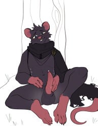 animal_genitalia anthro ayannzer balls big_balls black_body black_fur blue_eyes bodily_fluids cloak cloak_only clothing erection freckled_face freckles fur genital_fluids genitals hairless_tail hi_res male mammal mostly_nude_male murid murine penis precum rat rodent sheath sitting smile solo tapering_penis