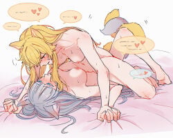 2girls animal_ears blonde_hair blue_eyes blush breasts commentary_request completely_nude dog_ears dog_girl dog_tail dogbrooo female/female female_only frottage grey_hair heart highres holding_hands kakegurui kemonomimi_mode large_breasts long_hair momobami_ririka multiple_girls nipples nude on_bed pinned pussy saotome_mary small_breasts speech_bubble spoken_heart sweat tail yellow_eyes yuri