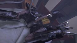 2015 bed black_body blade_wolf bodily_fluids cum cum_in_mouth cum_inside cum_on_face cum_on_own_face cum_on_self detailed_background furniture genital_fluids konami lying lying_on_bed machine male masturbation metal_gear metal_gear_rising:_revengeance multicolored_body on_back on_bed platinumgames red_eyes robot robot_feral russy_(artist) solo tail