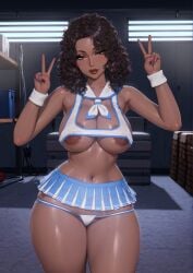 1girls ai_assisted areola_bulge armpit_crease belly_button black_hair cleavage curly_hair dark-skinned_female double_peace_sign eyelashes female female_only green_eyes hair_over_shoulder half-closed_eyes honey_select_2 hourglass_figure inner_sideboob large_areolae large_breasts lipstick looking_at_viewer medium_hair microskirt midriff nail_polish narrow_waist nipple_bulge nipple_slip nipples panties_down pleated_skirt revealing_clothes rgomez007 sagging_breasts sailor_collar seductive_look self_upload sideboob skimpy skimpy_clothes skindentation slight_smile solo_female stable_diffusion storage_room sweat thick_lips thick_thighs thong_down underboob victory_pose voluptuous wristband