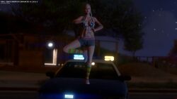 1girls 3d 3dcg absurd_res absurd_resolution absurdres bare_shoulders beautiful_woman belted_shorts beltshorts bikini_top black_bikini_top blonde-haired_female blurred_background body_writing body_writing_(whore) braided_hair brown_eyes cinematic cinematic_lighting cleavage collarbone denim_shorts disinterested edited_screencap emotionless emotionless_female expressionless game_cg game_mod grand_theft_auto grand_theft_auto_v gta_prostitute high_quality high_resolution highres huge_breasts indifferent jean_shorts leg_lift long-haired_female massive_breasts mature_woman navel police_car polka_dot_bikini_top posing rockstar_editor rockstar_games text therealgabe unbothered uncaring uncaring_female uninterested uninterested_female unnamed_character watermark yoga_pose
