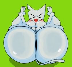 2d ambiguous_gender anthro blush cat cat_ears cat_humanoid cock felid feline femtanyl furry furu_flami green_background huge_ass hyper_ass music_(culture) open_mouth penis silly_face solo spread_legs sweat thick token_(femtanyl) white_fur white_skin