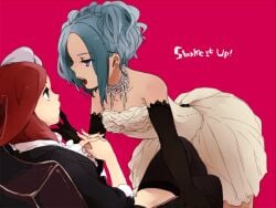 2girls black_gloves blue_hair close-up dark_skin dress english_text evening_gown gloves holding_hands inazuma_eleven inazuma_eleven_(series) jewelry leaning_forward looking_at_another multiple_girls necklace open_mouth pink_background red_hair simple_background sitting strapless strapless_dress tomo_(sjim) urabe_rika white_dress yuri zaizen_touko