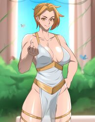 alternative_skin_color ancient_greece blonde_hair come_hither hocen la large_breasts muscular_female oc pale-skinned_female robe tall_female yellow_eyes