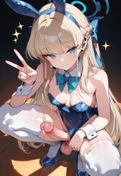 ai_generated aqua_bowtie balls black_pupils blonde_hair blue_archive blue_eyes closed_mouth clothing_aside depth_of_field elbow_on_knee erection fake_animal_ears from_above futanari gerumusi half_up_braid halo highleg_leotard long_hair looking_at_viewer medium_breasts peace_sign penis playboy_bunny precum prespective skinny smug spotlight squatting straight_hair strapless_leotard testicles toki_(blue_archive) toki_(bunny)_(blue_archive) tsurime uncensored white_detached_collar white_thighhighs white_wrist_cuffs wooden_floor