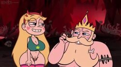 1boy 1girl beard blonde_hair blue_eyes blush_stickers bone breasts cleavage clothing crop_top crown facial_hair facial_mark fake_horns female female_pubic_hair green_panties grin hairband heart_tattoo highleg_panties horned_headwear horns large_breasts long_hair looking_at_another male mustache navel old_man panties plump pubic_hair pubic_hair_peek skull smile star_butterfly star_vs_the_forces_of_evil steca striped_clothes striped_thighhighs tank_top teeth thelazyart thick_thighs thighhighs thong underwear very_long_hair web_address
