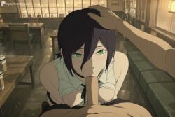 1boy 1girl ai_generated black_choker black_hair blush breasts breasts_out chainsaw_man choker digitalwaifugallery erection fellatio green_eyes hair_between_eyes hair_bun hand_on_another's_head hetero hi_res high_quality high_resolution indoors looking_at_viewer medium_breasts neck_ribbon nipples oral patreon patreon_logo patreon_username penis pov reze_(chainsaw_man) ribbon seductive sexy shirt short_hair shorts sleeveless sleeveless_shirt solo_focus uncensored watermark white_shirt