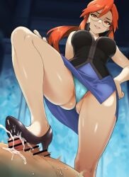 1boy 1girl absurdres bar_censor black_shirt blue_panties blue_skirt breasts censored commentary_request cum earrings ejaculation femdom footjob_with_footwear footjob_with_shoes from_below glasses grin hand_on_own_hip hetero high_heels highres i_b_(yaun2242) jewelry large_breasts long_hair looking_at_viewer looking_down lorelei_(pokemon) mature_female no_socks panties penis pokemon red_eyes shirt shoes skirt sleeveless sleeveless_shirt smile solo_focus stepped_on underwear