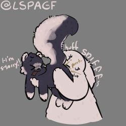 absurd_res anal anthro big_fat_stinky_unwashed_sweaty_bunny_(lspagf) big_tail butt_sniffing carrying_another dialogue discomfort duo fart fart_fetish fart_sniffing farting_in_mouth farting_on_face fluffy fluffy_tail grey_background hi_res holding_butt holding_up_other_character lagomorph leporid lspagf male mammal mephitid multicolored_body onomatopoeia oral purple_body rabbit rimming sex simple_background skunk skunk_(lspagf) smelly sniffing sound_effects tail text two_tone_body white_body