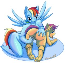 2016 all_fours anthro anthrofied anus ass ass_grab ass_up color duo equine feathered_wings feathers female fingering friendship_is_magic furry hand_on_ass inner_ear_fluff kneeling looking_back mammal messy multicolored_hair my_little_pony orgasm pegasus penetration purple_eyes purple_hair pussy pussy_ejaculation pussy_juice rainbow_dash_(mlp) rainbow_hair rear_view scootaloo_(mlp) simple_background smile straight_hair tigerfestivals tongue tongue_out vaginal_penetration wing_boner wings young yuri