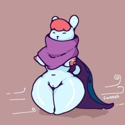 bear cape cape_only clothing female genitals green_body hair hashi_bleu hi_res mammal mostly_nude orange_hair shay_the_bunny simple_background solo standing tail vulva wind