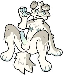 absurd_res anthro balls blue_eyes blue_pawpads blue_penis butt canid canine canis domestic_dog floppy_ears fur genitals hi_res humanoid_genitalia humanoid_penis male mammal mastectomy_scar nude pawpads paws penis raised_hand rookspirit scar simple_background sitting solo spots spread_legs spreading tail tan_body tan_fur trans_(lore) trans_man_(lore)