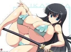 alternate_breast_size_(larger) areola_slip bikini breasts covered_erect_nipples dao highres huge_breasts ikaruga_(senran_kagura) katana prime_gmx senran_kagura swimsuit sword weapon